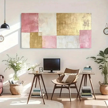 Golden Accents And Pink Wall Art Canvas Office Home Room Framed 120x60cm - Bella Home Decor