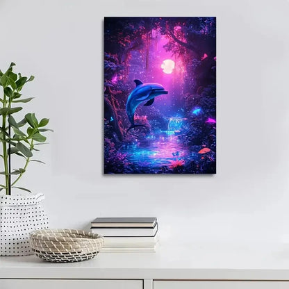 Cyberpunk Dolphin Jungle Scene with Neon Glow Painting 40x60cm Metal Print Ready to Hang - Bella Home Decor