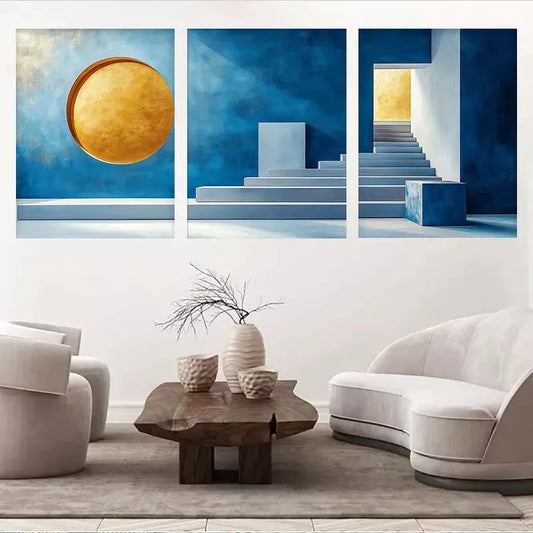 3pcs Blue & Golden Abstract Space-Themed Decor Wall Art Set Canvas Framed 50x70cm - High Quality Print 100% Australian Made Wall Canvas Ready to Hang