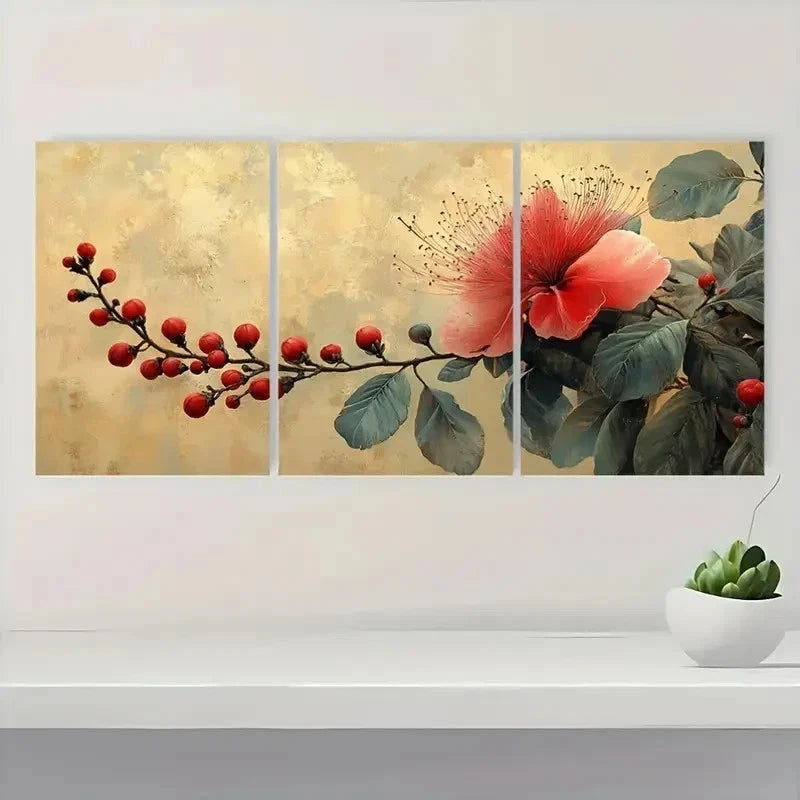 3pcs Calandra Beige Red Tropical Plant Perfect Wall Art Set Canvas Framed 40x60cm - High Quality Print 100% Australian Made Wall Canvas Ready to Hang - Bella Home Decor