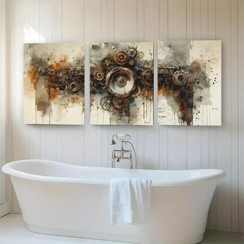3pcs Rusty Gears and Watercolor Drips Perfect Wall Art Canvas Unframed - High Quality Print 100% Australian Made Wall Canvas