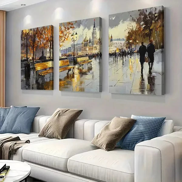 3pcs serene romantic Autumn Cityscape Wrapped Wall Art Set Canvas Framed 60x90cm - High Quality Print 100% Australian Made Wall Canvas Ready to Hang