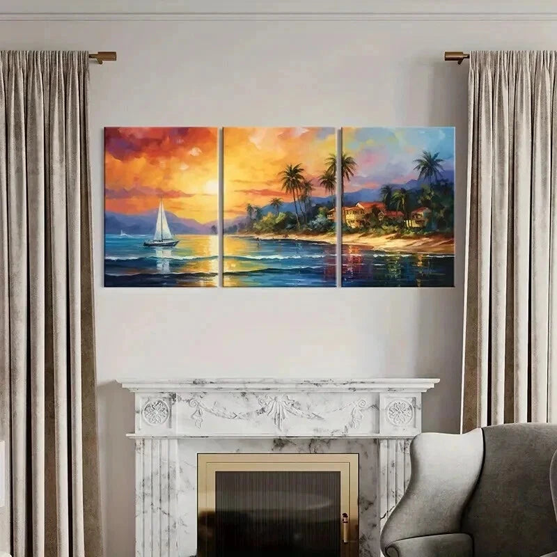 3pcs Sunset Sailboat Palm Trees & Beach Wall Art Set Canvas Framed 40x60cm - High Quality Print 100% Australian Made Wall Canvas Ready to Hang - Bella Home Decor