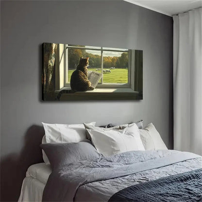 Abstract Tabby Cat Reading Wall Art Canvas Office Home Room Framed 120x60cm - Bella Home Decor