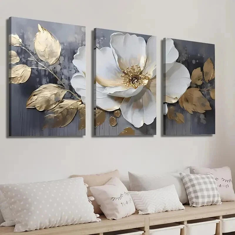 3pcs Elegant White & Golden Flowers Perfect Wall Art Set Canvas Framed 50x70cm - High Quality Print 100% Australian Made Wall Canvas Ready to Hang. - Bella Home Decor