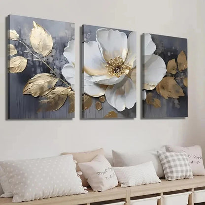 3pcs Elegant White & Golden Flowers Perfect Wall Art Set Canvas Framed 50x70cm - High Quality Print 100% Australian Made Wall Canvas Ready to Hang. - Bella Home Decor