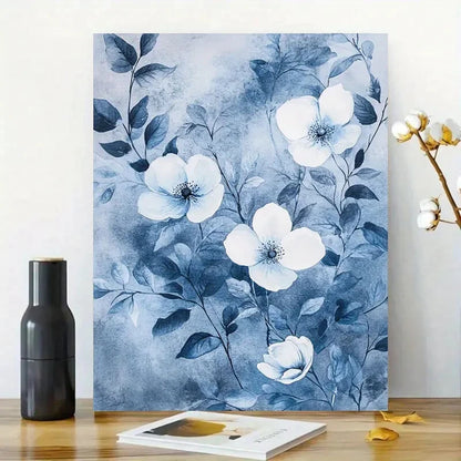 Watercolor Painting of Blue And White Flowers Leaves 40x60cm Metal Print Ready to Hang