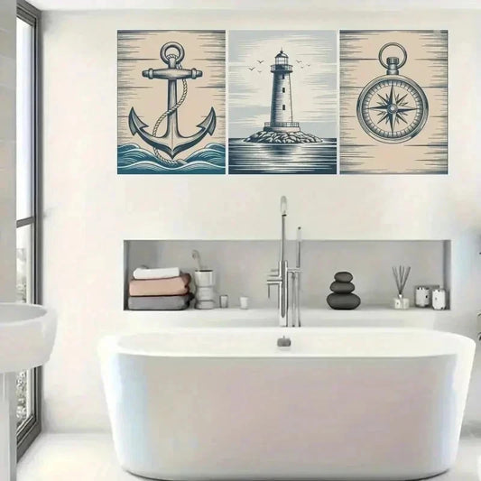 3pcs Anchor, Lighthouse, Compass Wall Art Set Canvas Framed 40x60cm - High Quality Print 100% Australian Made Wall Canvas Ready to Hang