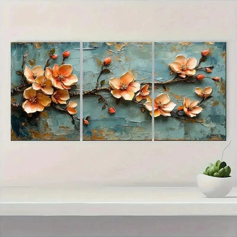 3pcs Golden Leaf Blossom Floral Golden Perfect Wall Art Set Canvas Framed 50x70cm - High Quality Print 100% Australian Made Wall Canvas Ready to Hang - Bella Home Decor