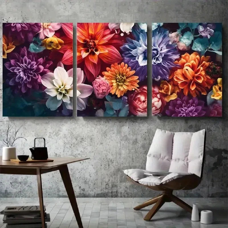 3pcs Abstract Colorful Dahlia Bouquet Wall Art Set Canvas Framed 60x90cm - High Quality Print 100% Australian Made Wall Canvas Ready to Hang