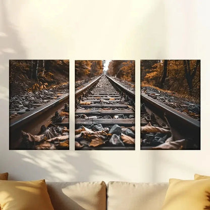 3pcs Railway covered with fallen leaves Wall Art Set Canvas Framed 60x90cm - High Quality Print 100% Australian Made Wall Canvas Ready to Hang