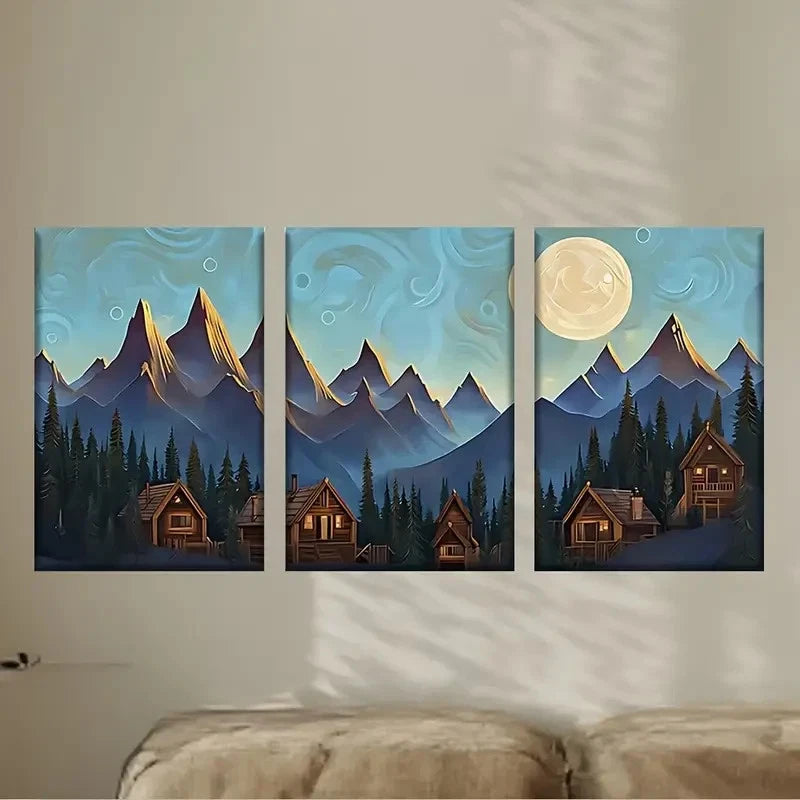 3pcs A Painting of a Cabin in The Mountains Wall Art Set Canvas Framed 60x90cm - High Quality Print 100% Australian Made Wall Canvas Ready to Hang - Bella Home Decor