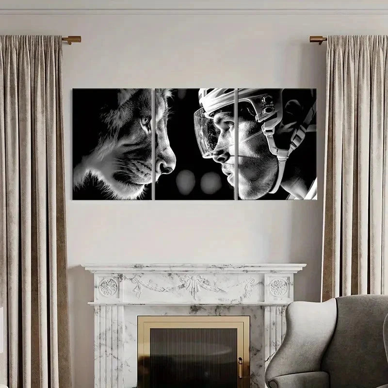 3pcs Black And White Lion & Hockey Player  Wall Art Set Canvas Framed 60x90cm - High Quality Print 100% Australian Made Wall Canvas Ready to Hang - Bella Home Decor