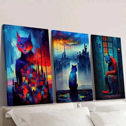 3pcs Lonely Cat Under Fantasy Night Wall Art Canvas Unframed - High Quality Print 100% Australian Made Wall Canvas