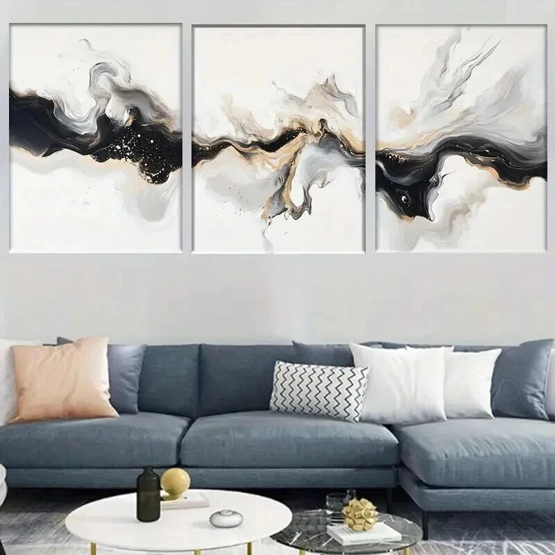 3pcs Elegant Black White And Golden Abstract Wall Art Set Canvas Framed 60x90cm - High Quality Print 100% Australian Made Wall Canvas Ready to Hang - Bella Home Decor
