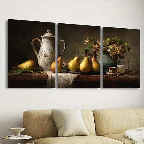 3pcs Pear Still Life, Kitchen Moody  Wall Art Set Canvas Unframed - High Quality Print 100% Australian Made Wall Canvas - Bella Home Decor