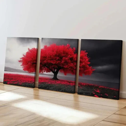 3pcs Serene Red Tree & Dark Sky Vibrant Wall Art Set Canvas Unframed - High Quality Print 100% Australian Made Wall Canvas