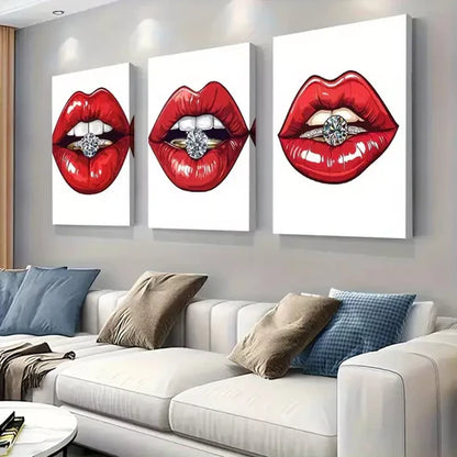 3pcs Glamorous Red Lips with Diamond Ring Wall Art Set Wall Art Canvas Unframed - High Quality Print 100% Australian Made Wall Canvas - Bella Home Decor