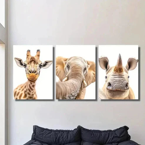 3pcs Curious Giraffe Elephant & Rhino Wall Art Canvas Unframed - High Quality Print 100% Australian Made Wall Canvas - Bella Home Decor