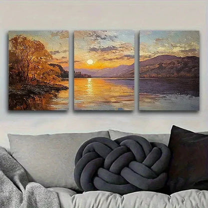 3pcs Lake Sunset Painting Wall Art Set Canvas Unframed - High Quality Print 100% Australian Made Wall Canvas - Bella Home Decor