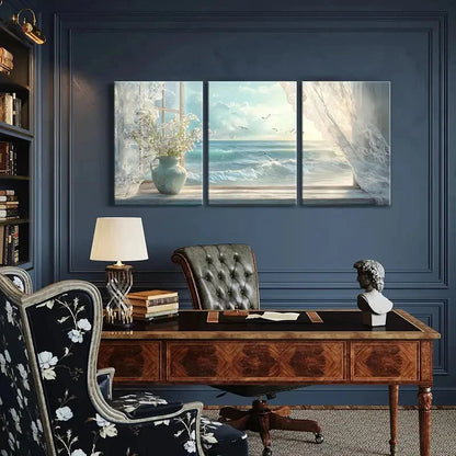 3pcs Scenic Sea View from Open Window Metal Print Ready to Hang Art - Bella Home Decor