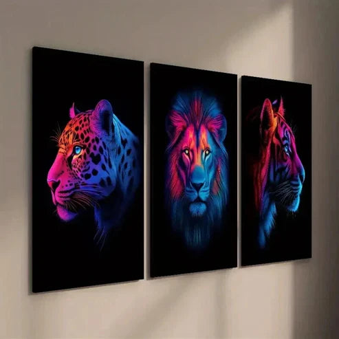 3pcs Neon Wild Animals Leopard Lion and Tiger Wall Art Set Canvas Unframed - High Quality Print 100% Australian Made Wall Canvas