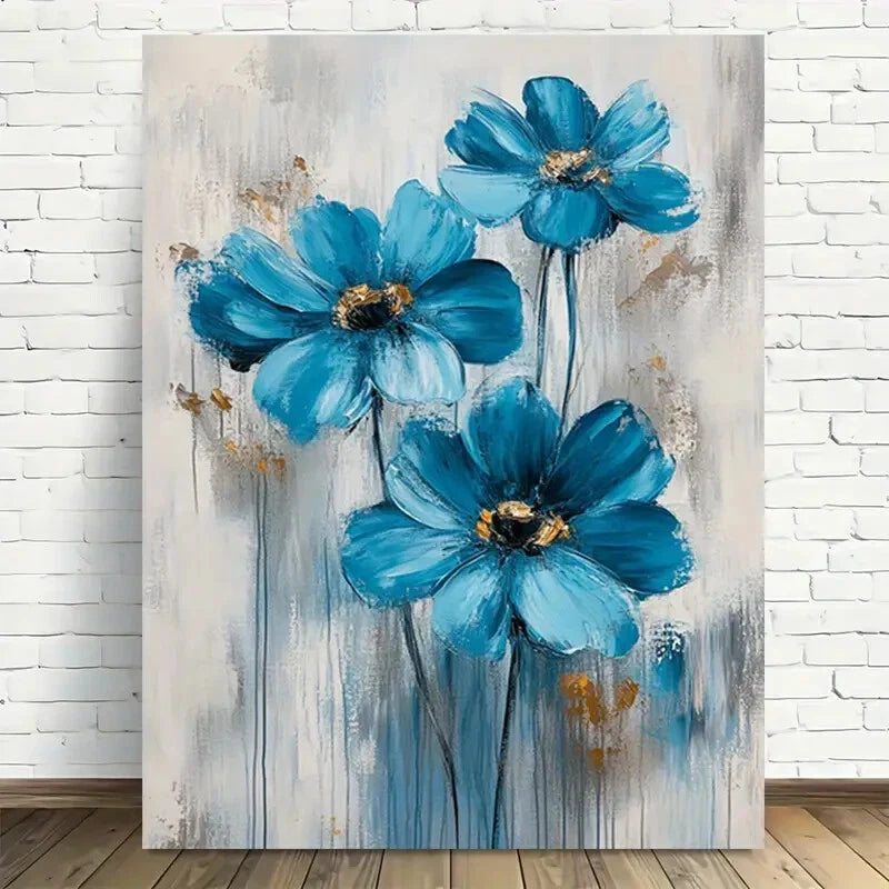 Beautiful Modern Blue Flower Abstract Painting 40x60cm Metal Print Ready to Hang - Bella Home Decor