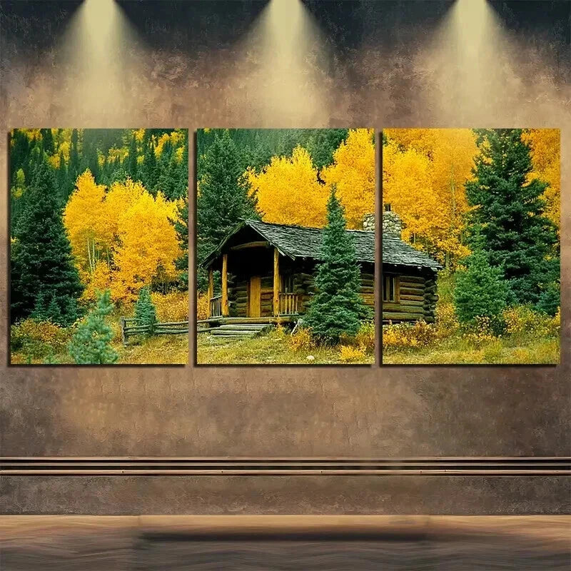 3pcs Autumn Wooden House Forest Nature Perfect Wall Art Set Canvas Framed 50x70cm - High Quality Print 100% Australian Made Wall Canvas Ready to Hang