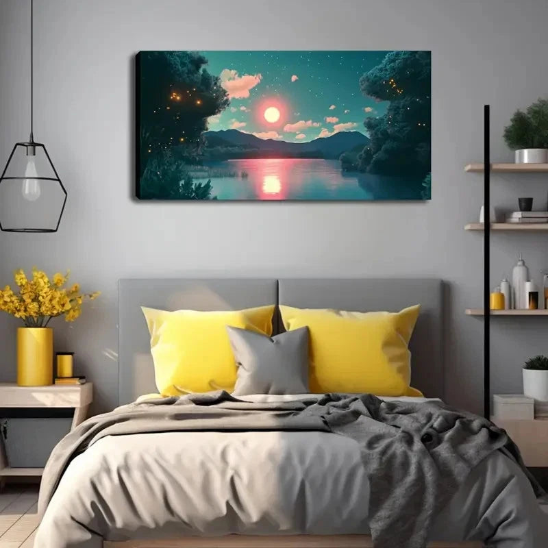 Orange Sunset Reflection Serene Wall Art Canvas Office Home Room Framed 120x60cm