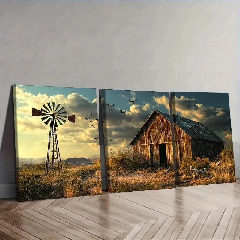 3pcs Barns and Windmills Decoration Wall Art Set Canvas Framed 50x70cm - High Quality Print 100% Australian Made Wall Canvas Ready to Hang - Bella Home Decor