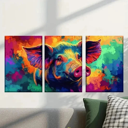 3pcs Abstract Colorful Pig Painting Wall Art Set Canvas Unframed - High Quality Print 100% Australian Made Wall Canvas - Bella Home Decor