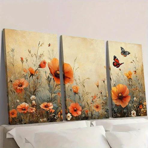 3pcs Vintage Butterflies in the Field Wall Art Set Canvas Unframed - High Quality Print 100% Australian Made Wall Canvas