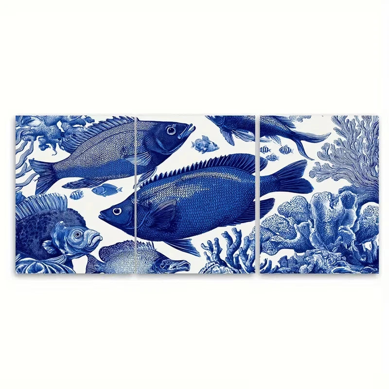 3pcs Marine Life Illustration Beach House  Wall Art Set Canvas Framed 40x60cm - High Quality Print 100% Australian Made Wall Canvas Ready to Hang