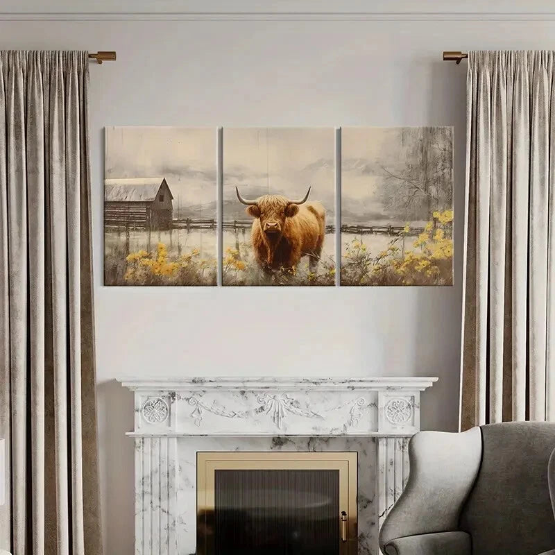 3pcs Highland Cow Landscape Farmhouse Metal Print Ready to Hang Art - Bella Home Decor