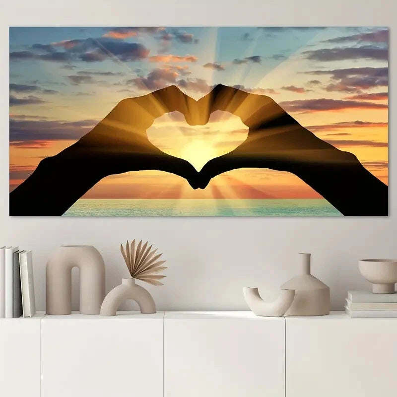 Sunset Love Hands Heart Wall Art wall canvas office home room framed 120x60cm - Bella Home Decor