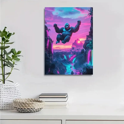 Vibrant Neon Gorilla Sunset Scene Painting 40x60cm Metal Print Ready to Hang - Bella Home Decor