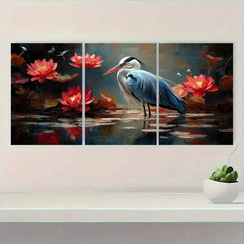 3pcs Blue Heron in Red Lotus Pond Scene Wall Art Set Canvas Framed 50x70cm - High Quality Print 100% Australian Made Wall Canvas Ready to Hang - Bella Home Decor