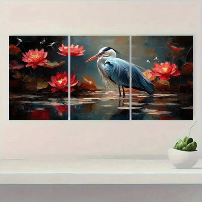 3pcs Blue Heron in Red Lotus Pond Scene Wall Art Set Canvas Framed 50x70cm - High Quality Print 100% Australian Made Wall Canvas Ready to Hang - Bella Home Decor