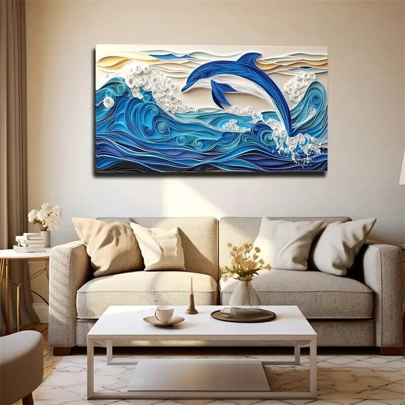 Blue Dolphin Leaping From Waves Wall Art Canvas Office Home Room Framed 120x60cm - Bella Home Decor