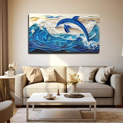 Blue Dolphin Leaping From Waves Wall Art Canvas Office Home Room Framed 120x60cm - Bella Home Decor