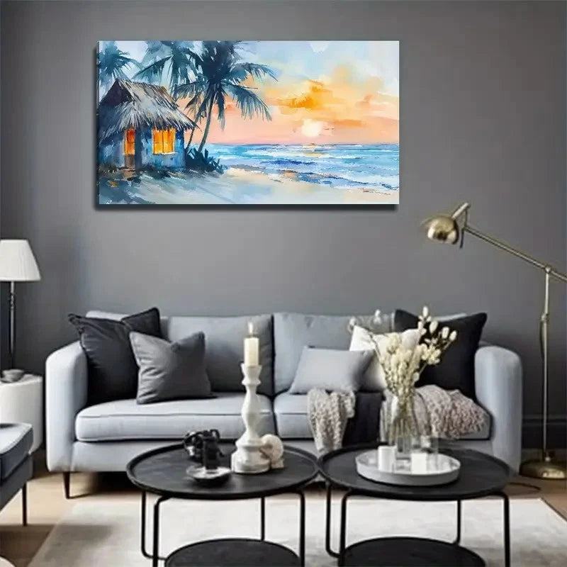 Colorful Beach Side Grass House Wall Art Canvas Office Home Room Framed 120x60cm