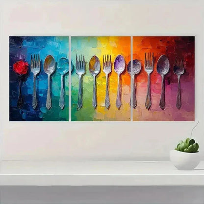3pcs Vibrant Painting of Spoons and Forks F Wall Art Set Canvas Unframed - High Quality Print 100% Australian Made Wall Canvas - Bella Home Decor