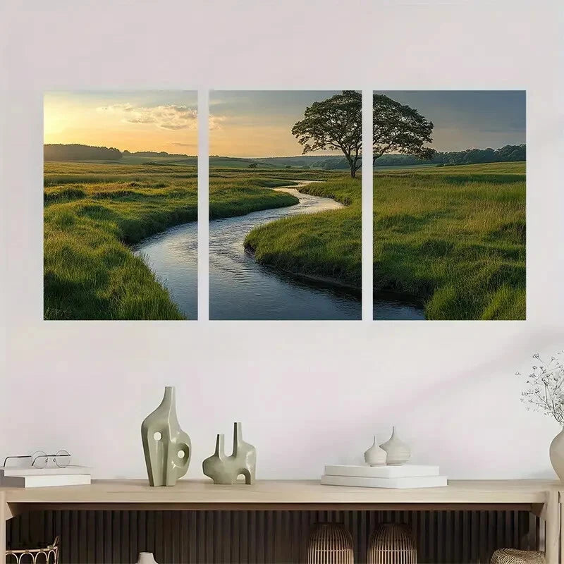 3pcs Winding River Through Countryside Perfect Wall Art Set Canvas Framed 60x90cm - High Quality Print 100% Australian Made Wall Canvas Ready to Hang - Bella Home Decor
