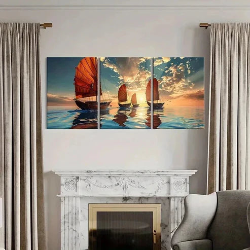 3pcs Sailing Ships Sunset Sky Calm Ocean Wall Art Canvas Unframed - High Quality Print 100% Australian Made Wall Canvas