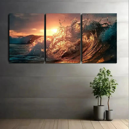 3pcs Sunset Ocean Waves Vibrant Golden Hues Metal Print Ready to Hang Art - Bella Home Decor