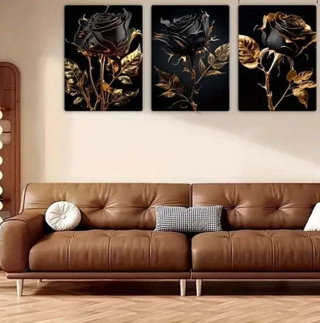 3pcs Abstract Black and Golden Rose Metal Print Ready to Hang Art - Bella Home Decor