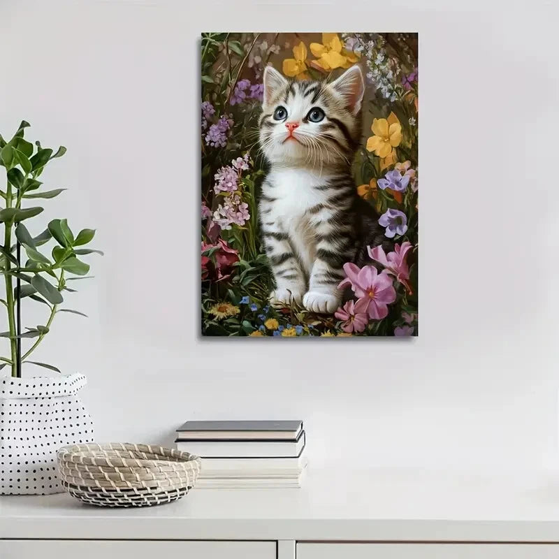 Adorable American Shorthair Kitten with Vibrant Flower 40x60cm Metal Print Ready to Hang - Bella Home Decor