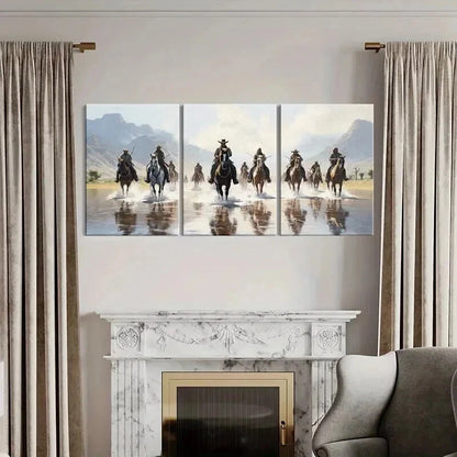 3pcs Western American Cowboys Riding Horses Wall Art Set Canvas Framed 50x70cm - High Quality Print 100% Australian Made Wall Canvas Ready to Hang - Bella Home Decor