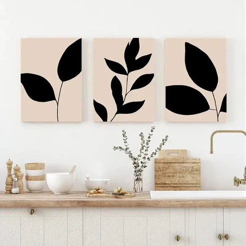 3pcs Neutral Tones with Black Leaves & Flowers  Wall Art Set Canvas Unframed - High Quality Print 100% Australian Made Wall Canvas