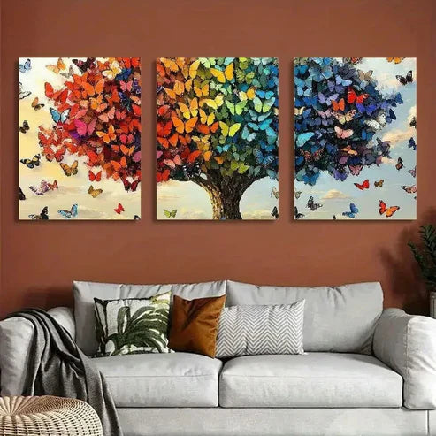 3pcs Vibrant Butterfly Tree Wall Art Set Canvas Unframed - High Quality Print 100% Australian Made Wall Canvas
